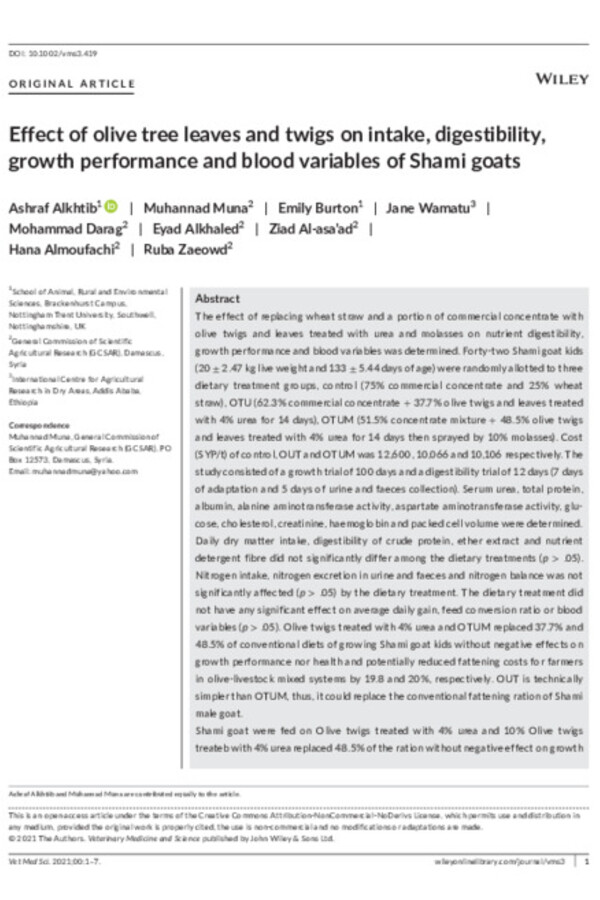 Effect of olive tree leaves and twigs on intake, digestibility, growth performance and blood variables of Shami goats