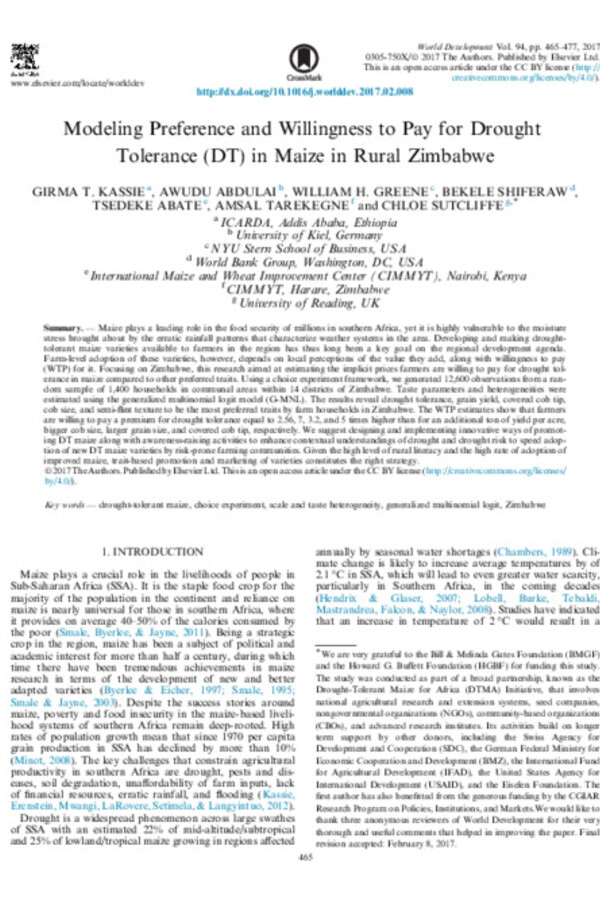 Modeling Preference and Willingness to Pay for Drought Tolerance (DT) in Maize in Rural Zimbabwe