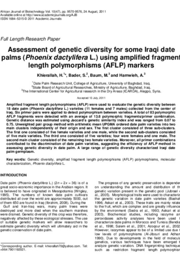 Assessment of genetic diversity for some Iraqi date palms (Phoenix dactylifera L.) using amplified fragment length polymorphisms (AFLP) markers