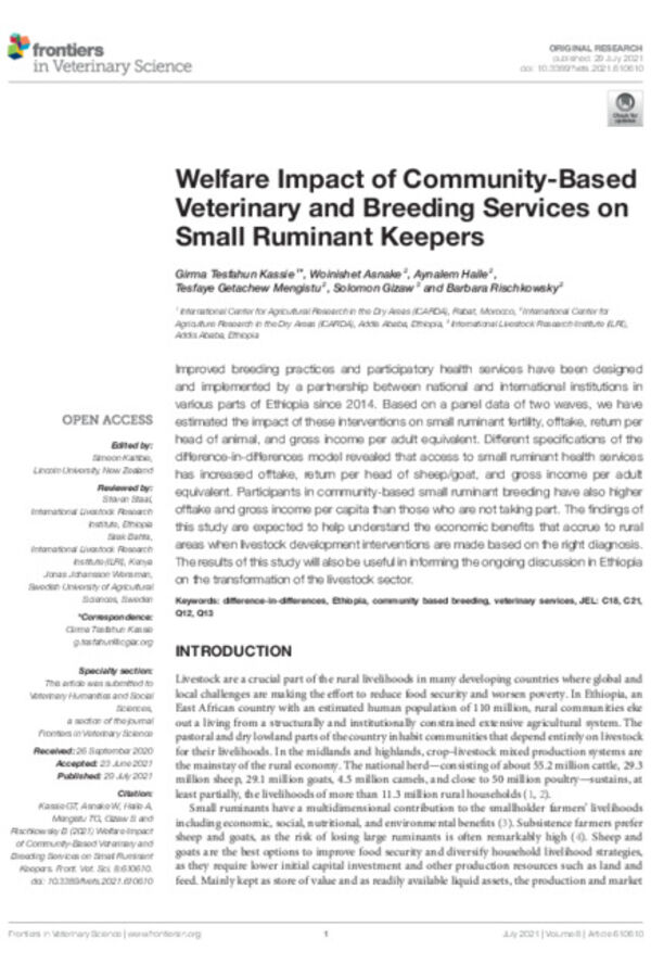 Welfare Impact of Community-Based Veterinary and Breeding Services on Small Ruminant Keepers Welfare Impact of Community-Based Veterinary and Breeding Services on Small Ruminant Keepers