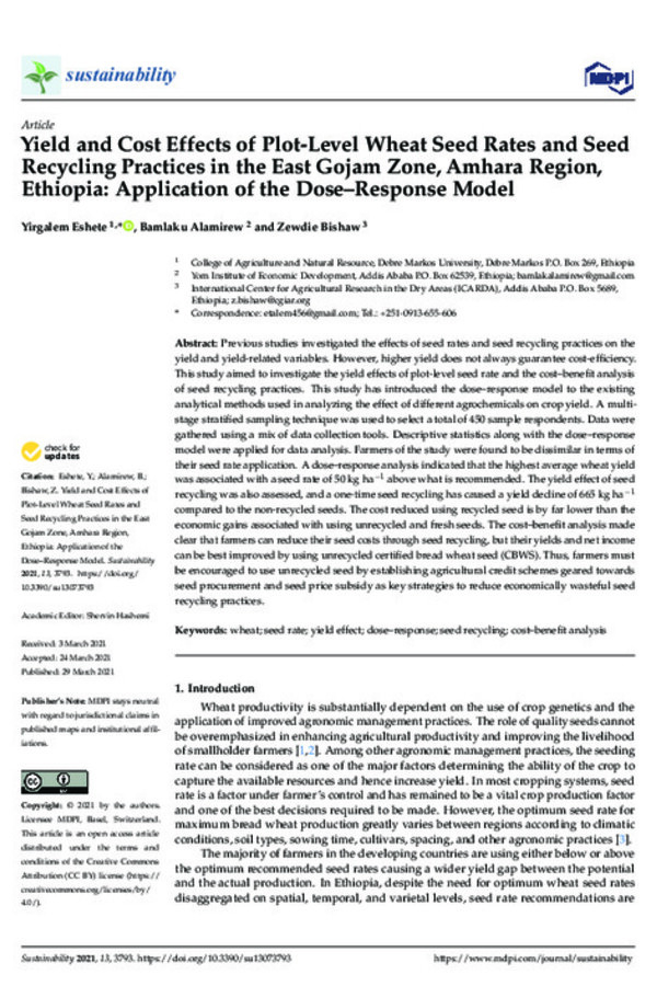 Yield and Cost Effects of Plot-Level Wheat Seed Rates and Seed Recycling Practices in the East Gojam Zone, Amhara Region, Ethiopia: Application of the Dose–Response Model