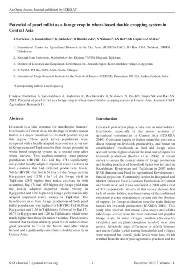 Potential of pearl millet as a forage crop in wheat-based double cropping system in Central Asia Potential of pearl millet as a forage crop in wheat-based double cropping system in Central Asia