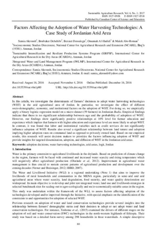 Factors Affecting the Adoption of Water Harvesting Technologies: A Case Study of Jordanian Arid Area Factors Affecting the Adoption of Water Harvesting Technologies: A Case Study of Jordanian Arid Area