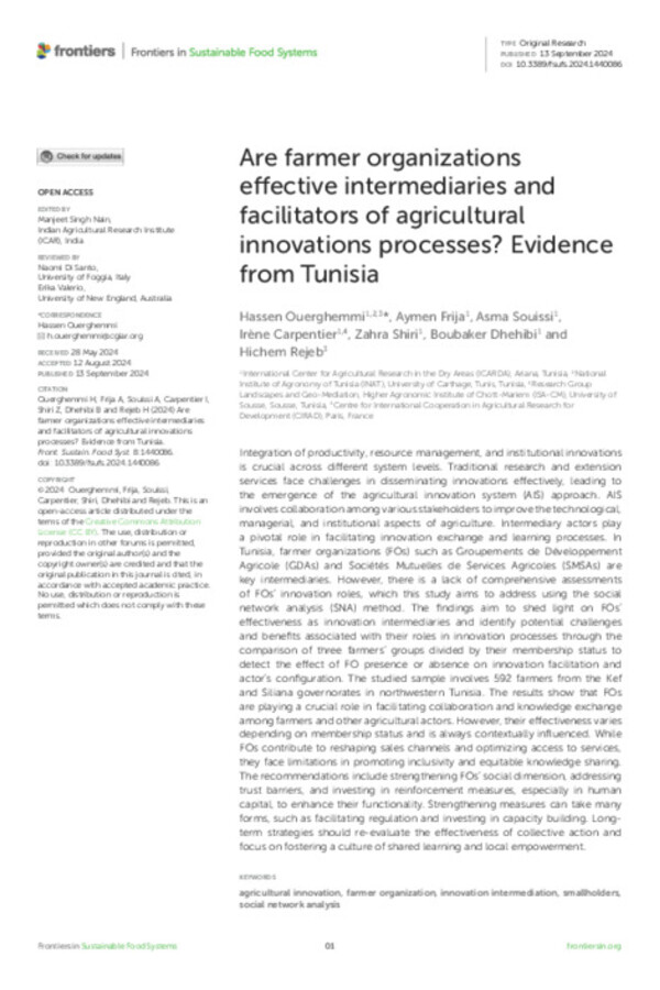 Are farmer organizations effective intermediaries and facilitators of agricultural innovations processes? Evidence from Tunisia Are farmer organizations effective intermediaries and facilitators of agricultural innovations processes? Evidence from Tunisia