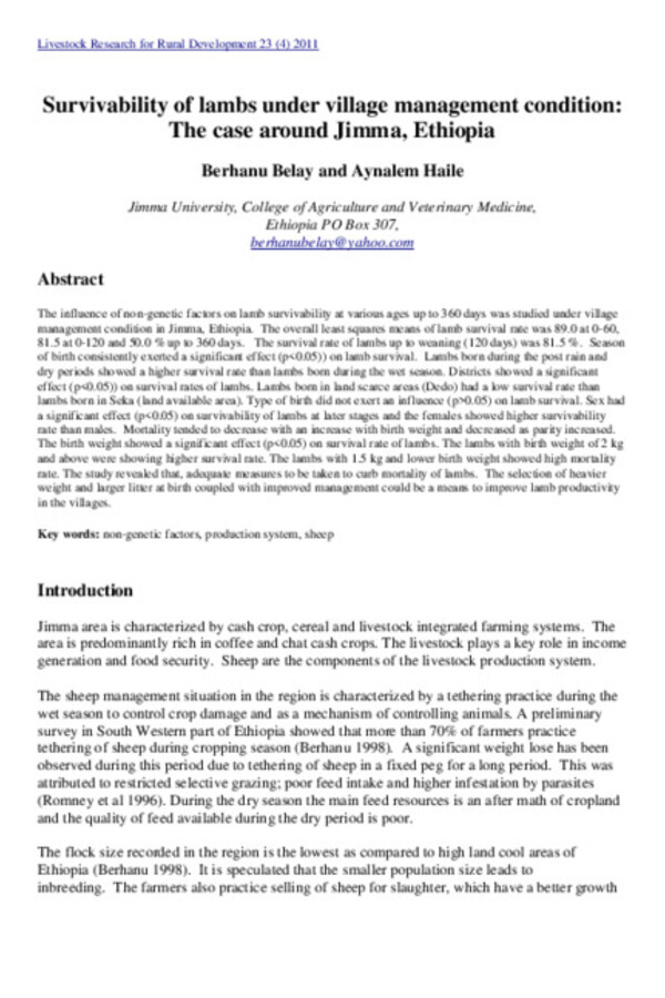 Survivability of lambs under village management condition: The case around Jimma, Ethiopia Survivability of lambs under village management condition: The case around Jimma, Ethiopia