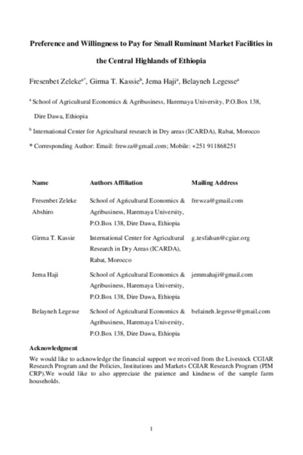 Preference and Willingness to Pay for Small Ruminant Market Facilities in the Central Highlands of Ethiopia
