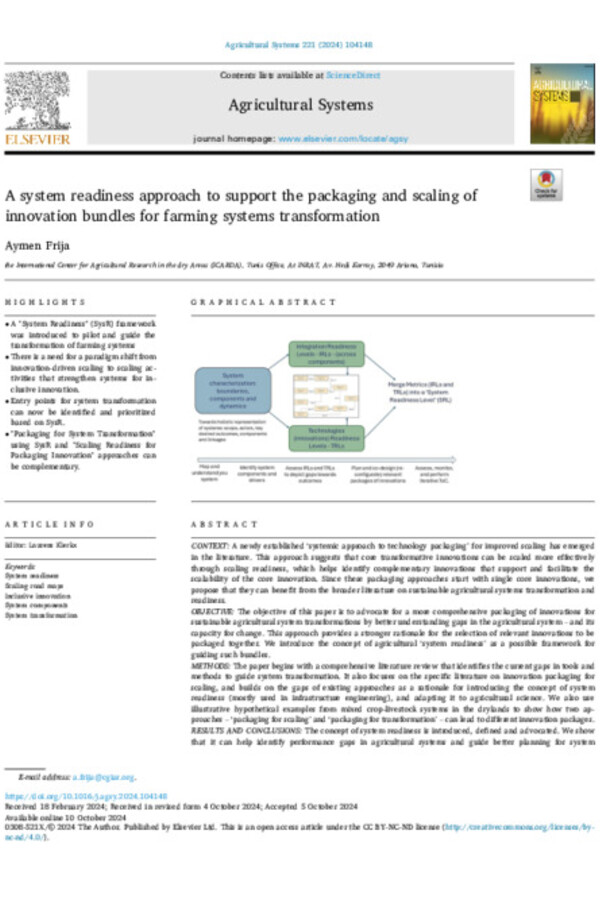 A system readiness approach to support the packaging and scaling of innovation bundles for farming systems transformation A system readiness approach to support the packaging and scaling of innovation bundles for farming systems transformation