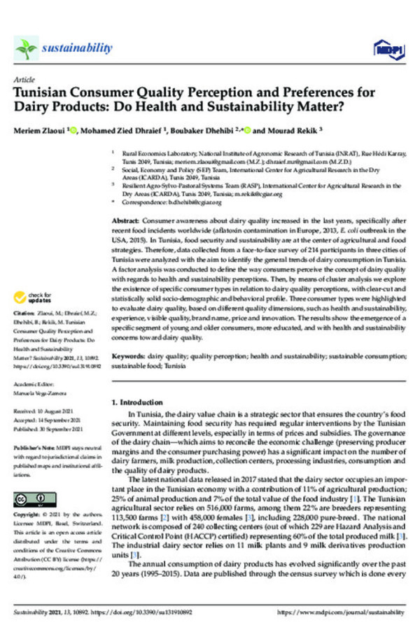 Tunisian Consumer Quality Perception and Preferences for Dairy Products: Do Health and Sustainability Matter? Tunisian Consumer Quality Perception and Preferences for Dairy Products: Do Health and Sustainability Matter?