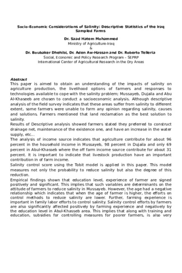 Impacts of Soil Salinity on the Productivity of Al-Musayyeb Small Farms in Iraq: An Examination of Technical, Economic and Allocative Efficiency