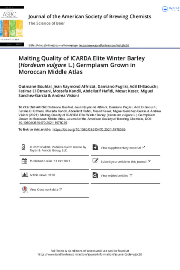Malting Quality of ICARDA Elite Winter Barley (Hordeum vulgare L.) Germplasm Grown in Moroccan Middle Atlas