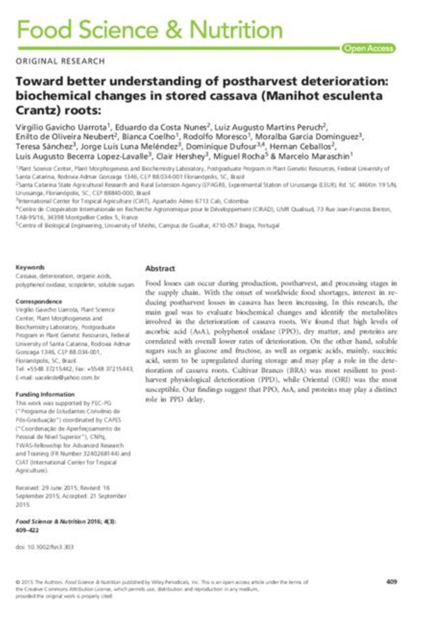 Toward better understanding of postharvest deterioration: biochemical changes in stored cassava (Manihot esculenta Crantz) roots