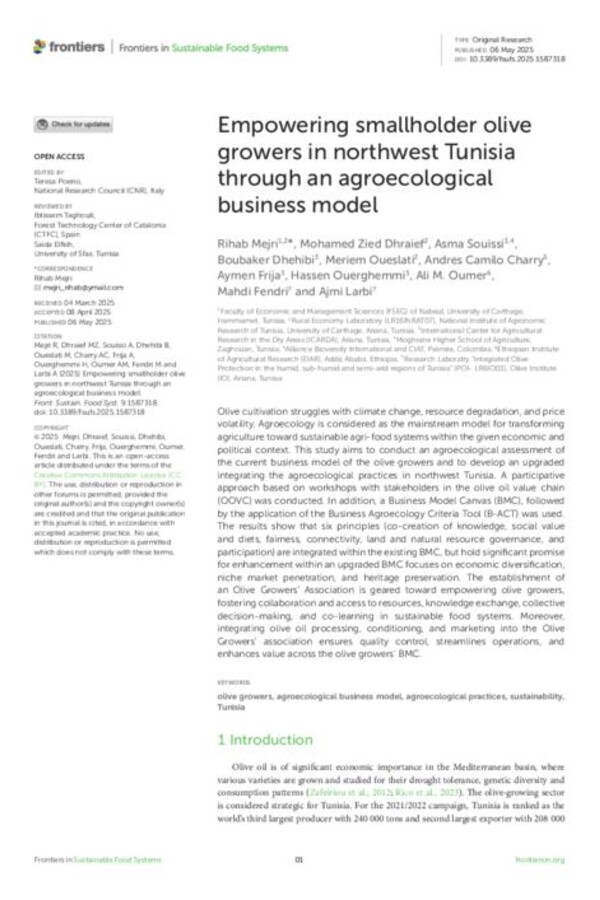 Empowering smallholder olive growers in northwest Tunisia through an agroecological business model Empowering smallholder olive growers in northwest Tunisia through an agroecological business model