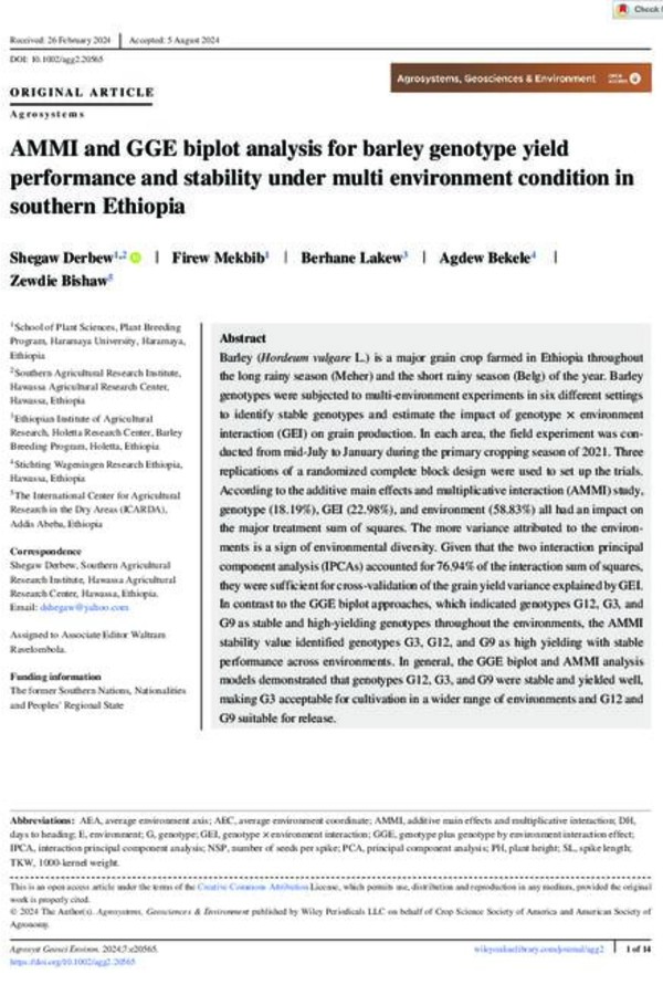 AMMI and GGE biplot analysis for barley genotype yield performance and stability under multi environment condition in southern Ethiopia AMMI and GGE biplot analysis for barley genotype yield performance and stability under multi environment condition in southern Ethiopia