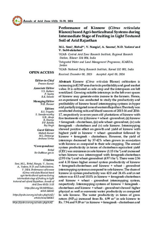 Performance of Kinnow (Citrus reticulata Blanco) based Agri-horticultural Systems during Intermediate Stage of Fruiting in Light Textured Soil of Arid Rajasthan