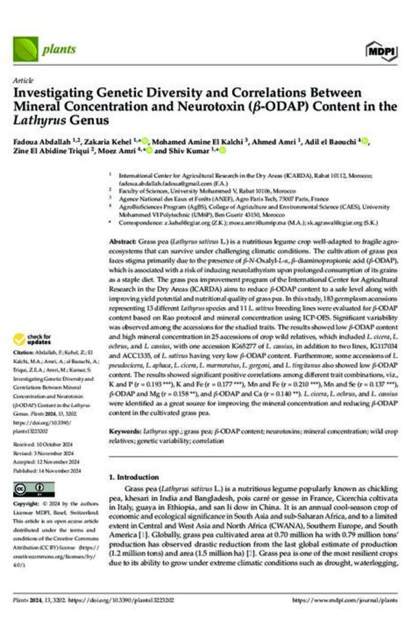 Investigating Genetic Diversity and Correlations Between Mineral Concentration and Neurotoxin (β-ODAP) Content in the Lathyrus Genus Investigating Genetic Diversity and Correlations Between Mineral Concentration and Neurotoxin (β-ODAP) Content in the Lathyrus Genus
