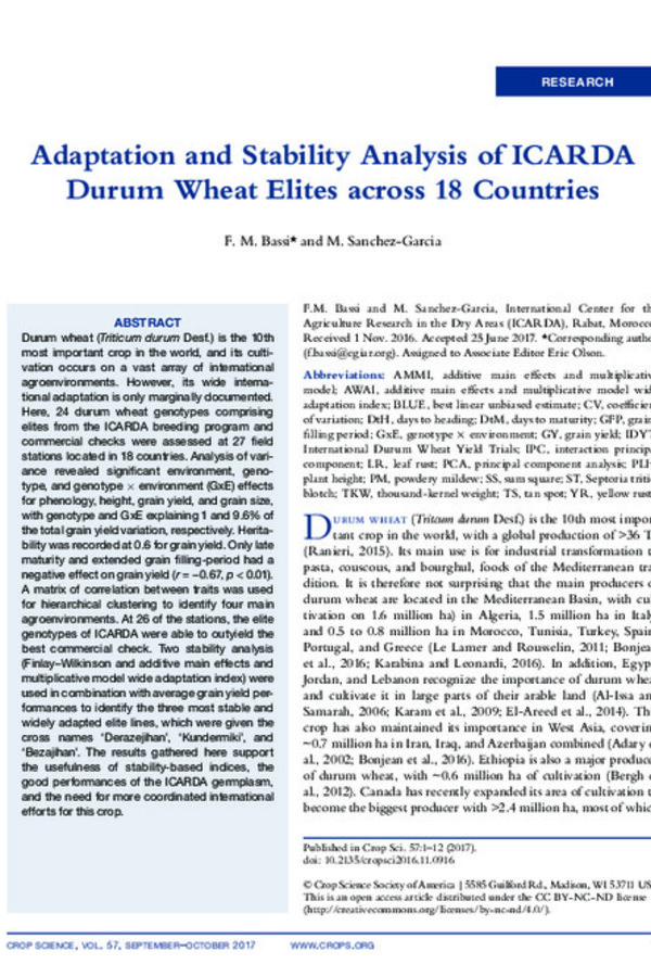 Adaptation and Stability Analysis of ICARDA Durum Wheat Elites across 18 Countries Adaptation and Stability Analysis of ICARDA Durum Wheat Elites across 18 Countries