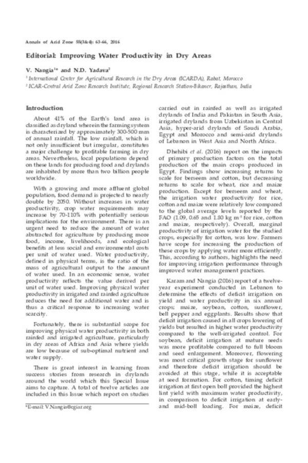 Editorial: Improving Water Productivity in Dry Areas