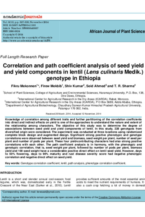 Correlation and path coefficient analysis of seed yield and yield components in Lentil (Lens culinaris Medik) genotypes in Ethiopia Correlation and path coefficient analysis of seed yield and yield components in Lentil (Lens culinaris Medik) genotypes in Ethiopia