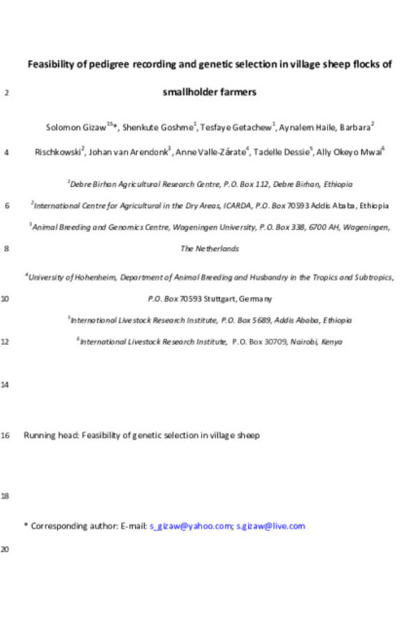 Feasibility of pedigree recording and genetic selection in village sheep flocks of smallholder farmers Feasibility of pedigree recording and genetic selection in village sheep flocks of smallholder farmers