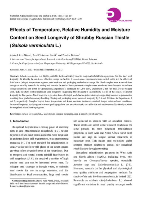 Effects of Temperature, Relative Humidity and Moisture Content on Seed Longevity of Shrubby Russian Thistle (Salsola vermiculata L.)