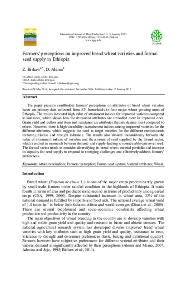Farmers' perceptions on improved bread wheat varieties and formal seed supply in Ethiopia