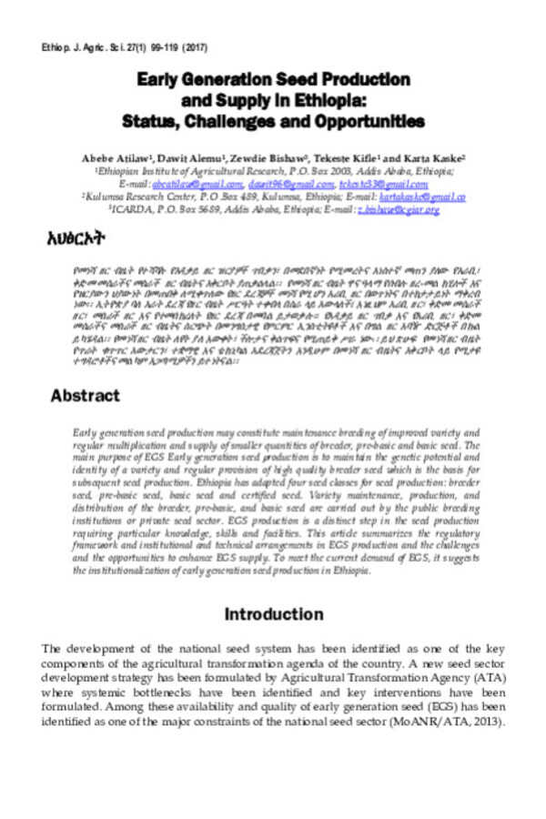 Early Generation Seed Production and Supply in Ethiopia: Status, Challenges and Opportunities