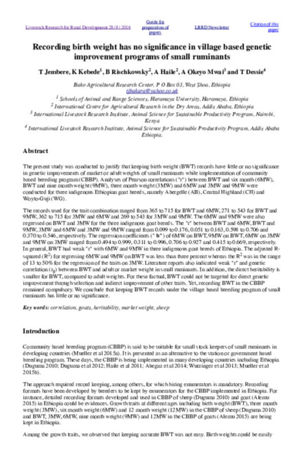 Recording birth weight has no significance in village based genetic improvement programs of small ruminants Recording birth weight has no significance in village based genetic improvement programs of small ruminants