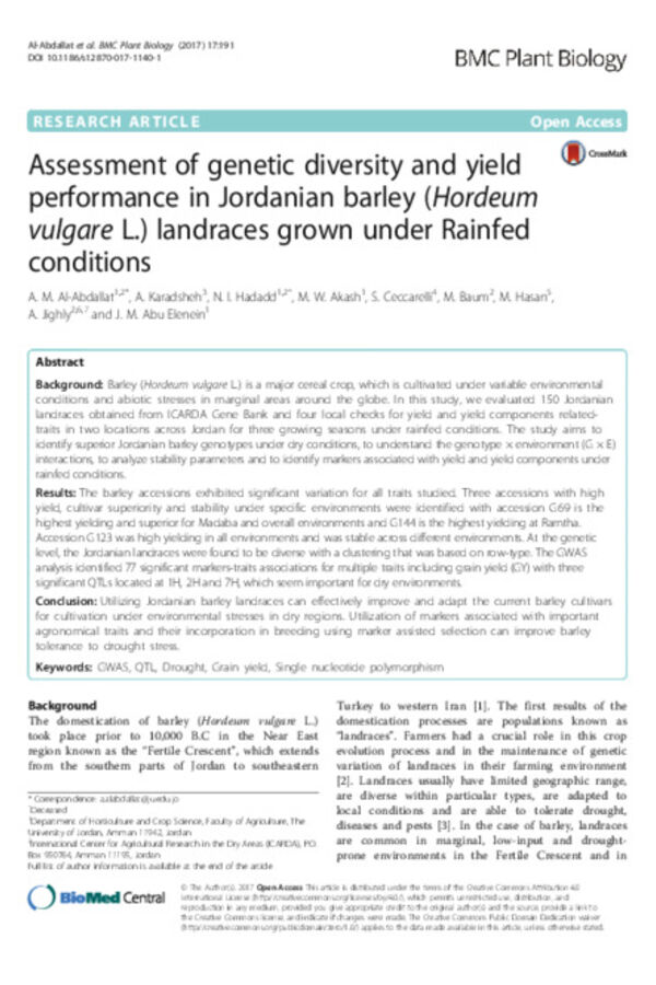 Assessment of genetic diversity and yield performance in Jordanian barley (Hordeum vulgare L.) landraces grown under Rainfed conditions