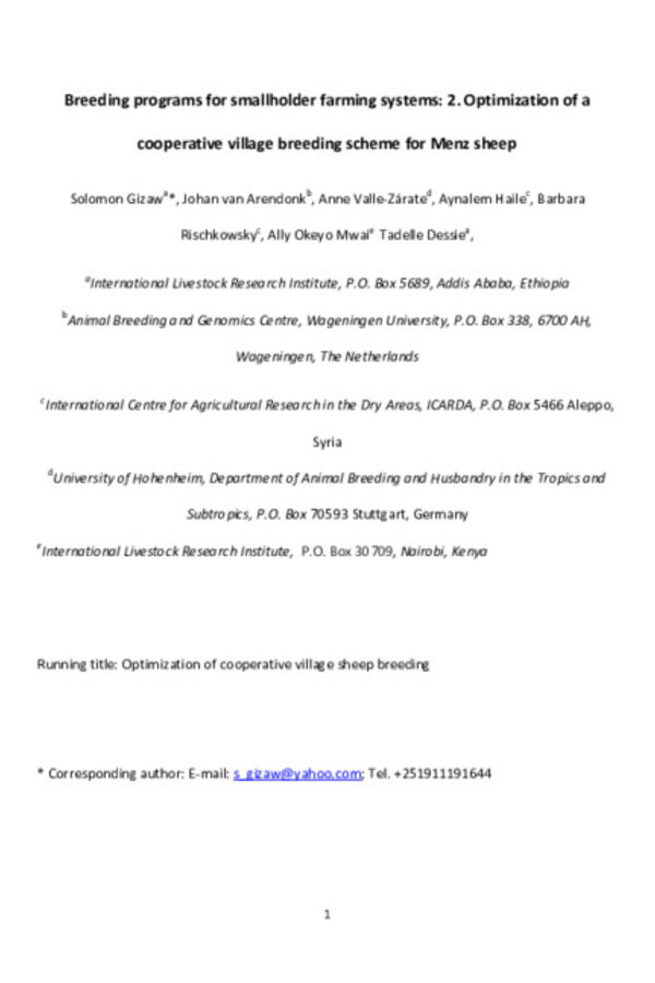 Breeding programmes for smallholder sheep farming systems: II. Optimization of cooperative village breeding schemes Breeding programmes for smallholder sheep farming systems: II. Optimization of cooperative village breeding schemes