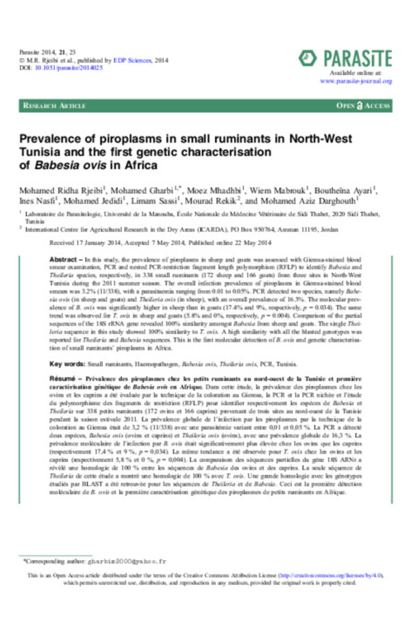 Prevalence of piroplasms in small ruminants in North-West Tunisia and the first genetic characterisation of Babesia ovis in Africa