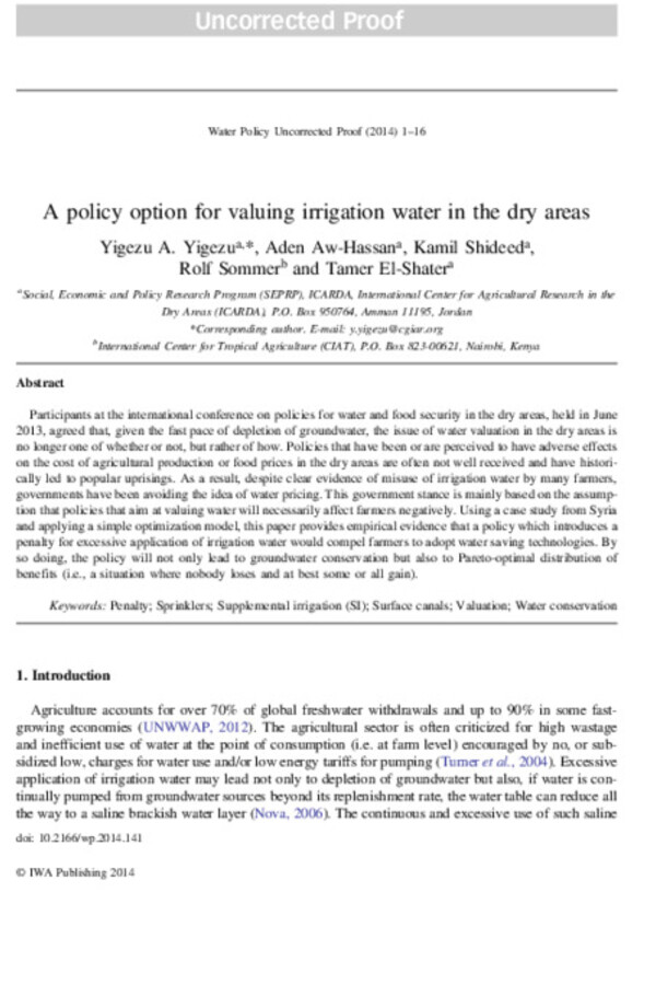 A policy option for valuing irrigation water in the dry areas